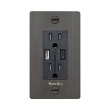 Load image into Gallery viewer, 1G Combination Duplex Outlet with USB-A and USB-C Ports in Smoked Bronze (Logo).