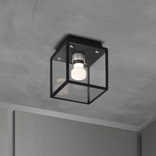 Load image into Gallery viewer, Caged Outdoor Flush Mount Ceiling Light in Black/Steel.