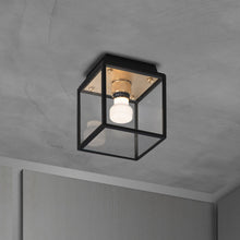 Load image into Gallery viewer, Caged Outdoor Flush Mount Ceiling Light in Brass.