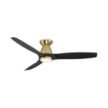 Load image into Gallery viewer, Skylark Outdoor LED Flush Mount Ceiling Fan in Soft Brass/Matte Black.