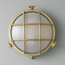 Load image into Gallery viewer, Brass Bulkhead Wall Light in Detail.