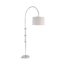 Load image into Gallery viewer, Arc Floor Lamp with Linen Shade in Polished Nickel.