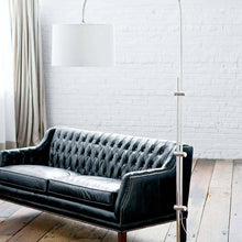 Load image into Gallery viewer, Arc Floor Lamp with Linen Shade in living room.