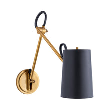 Load image into Gallery viewer, Benton Double Library Wall Light in Natural Brass (Navy Leather Shade).