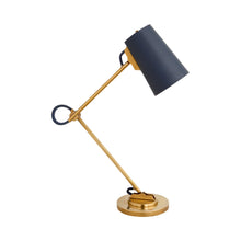 Load image into Gallery viewer, Benton Table Lamp in Natural Brass/Navy Leather.