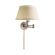 Load image into Gallery viewer, Boston Swing Arm Linen Shade Wall Light in Antique Nickel.