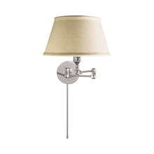 Load image into Gallery viewer, Boston Swing Arm Linen Shade Wall Light in Polished Nickel.