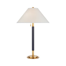 Load image into Gallery viewer, Garner Table Lamp in Natural Brass/Navy Leather.