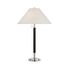Load image into Gallery viewer, Garner Table Lamp in Polished Nickel/Chocolate Leather.