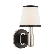 Load image into Gallery viewer, Riley Wall Light in Polished Nickel/Chocolate Leather.