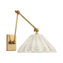 Load image into Gallery viewer, Wimberley Swing Arm Wall Light in Soft Brass/White Wicker.