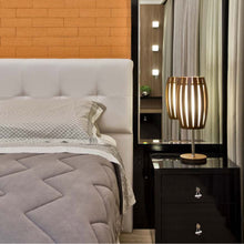 Load image into Gallery viewer, Barrel Table Lamp in bedroom.