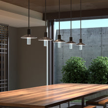 Load image into Gallery viewer, Ash Outdoor LED Pendant Light with Clear Cylinder in dining room.