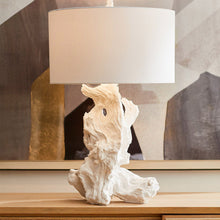 Load image into Gallery viewer, Driftwood Table Lamp with Linen Shade in Detail.