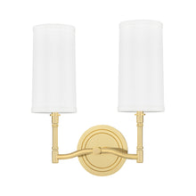 Load image into Gallery viewer, Dillon Two Light Wall Light in Aged Brass.