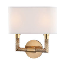 Load image into Gallery viewer, Dubios Two Light Wall Light in Aged Brass.