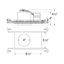 Load image into Gallery viewer, 4" New Construction IC Airtight Housing 2-Hr Fire Rated Ceilings - line drawing.