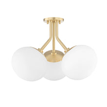Load image into Gallery viewer, Estee 3-Light Semi-Flush Mount Ceiling Light in Aged Brass.