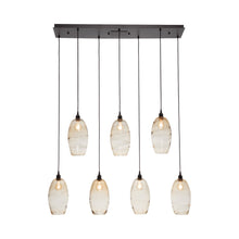Load image into Gallery viewer, Ellisse Linear Pendant Light in Detail in Matte Black/Optic Blown Glass - Amber (7-Light).