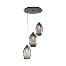 Load image into Gallery viewer, Ellisse Round Multi Light Pendant Light in Matte Black/Optic Blown Glass - Smoke (3-Light).