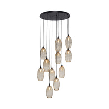 Load image into Gallery viewer, Ellisse Round Multi Light Pendant Light in Matte Black/Optic Blown Glass - Amber (11-Light).