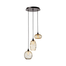 Load image into Gallery viewer, Misto Round Multi Light Pendant Light in Matte Black/Amber Glass (3-Light).