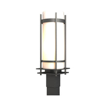 Load image into Gallery viewer, Banded Outdoor Post Light in Coastal Black/Opal Glass/Incandescent.