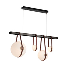 Load image into Gallery viewer, Derby Linear LED Pendant Light in 4-Light/British Brown Leather/Black Wood/Antique Brass.