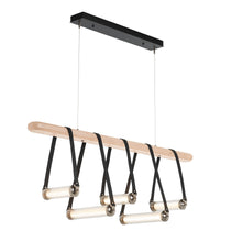 Load image into Gallery viewer, York Linear LED Pendant Light in Polished Nickel/Black Leather/Maple Wood.