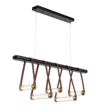 Load image into Gallery viewer, York Linear LED Pendant Light in Antique Brass/British Brown Leather/Black Wood.