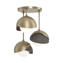 Load image into Gallery viewer, Brooklyn 3-Light Double Shade Semi Flush Mount Ceiling Light in Soft Gold/Dark Smoke.