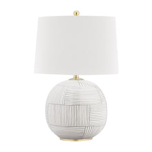 Load image into Gallery viewer, Laurel Table Lamp in Aged Brass/Stripe Combo.