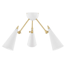 Load image into Gallery viewer, Moxie 3-Light Semi-Flush Mount Ceiling Light in Aged Brass / White.