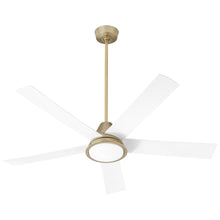 Load image into Gallery viewer, Temple Outdoor LED Ceiling Fan in Aged Brass/White Blades.