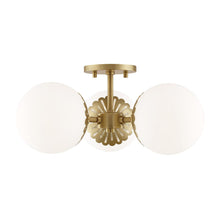 Load image into Gallery viewer, Paige 3-Light Semi-Flush Mount Ceiling Light in Aged Brass.