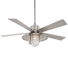 Load image into Gallery viewer, Rainman Outdoor Ceiling Fan in Brushed Nickel / Acid Etched/Halogen.