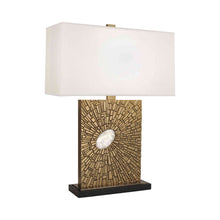 Load image into Gallery viewer, Goliath Table Lamp in Antiqued Modern Brass/Rectangular Pearl Dupioni.