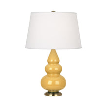 Load image into Gallery viewer, Triple Gourd Accent Lamp in Sunset Yellow/Antique Brass.