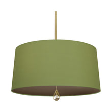 Load image into Gallery viewer, Williamsburg Custis Pendant Light in Modern Brass/Parrot Green/Revolutionary Storm Lining.
