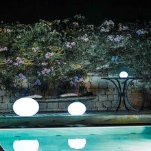 Load image into Gallery viewer, Flatball Floating Bluetooth Outdoor LED Lamp in Outside Area.