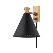 Load image into Gallery viewer, Arvin Plug-In Wall Light in Patina Brass/Soft Black.