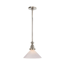 Load image into Gallery viewer, Boston Pendant Light in Polished Nickel/White Glass Slant.