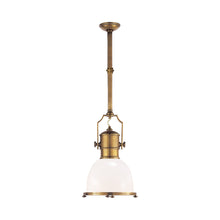 Load image into Gallery viewer, Country Industrial Pendant Light in Antique-Burnished Brass/White Glass (Small).