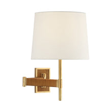 Load image into Gallery viewer, Elle LED Swing Arm Wall Light in Hand-Rubbed Antique Brass/Dark Rattan.