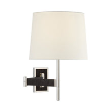 Load image into Gallery viewer, Elle LED Swing Arm Wall Light in Polished Nickel/Black Rattan.