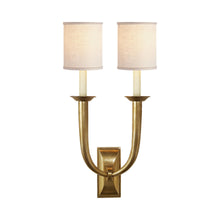 Load image into Gallery viewer, French Deco Horn Double Wall Light in Hand-Rubbed Antique Brass (5-Inch Linen).