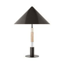 Load image into Gallery viewer, Mira Stacked LED Table Lamp in Bronze/Travertine/Bronze.