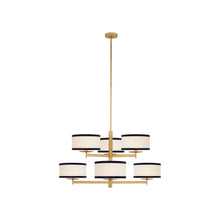 Load image into Gallery viewer, Walker Two Tier Chandelier in Gild/Cream Linen/Black Linen Trim.