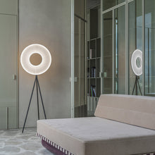 Load image into Gallery viewer, Iris LED Tripod Floor Lamp in living room.

