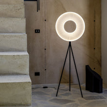 Load image into Gallery viewer, Iris LED Tripod Floor Lamp in stairway.
